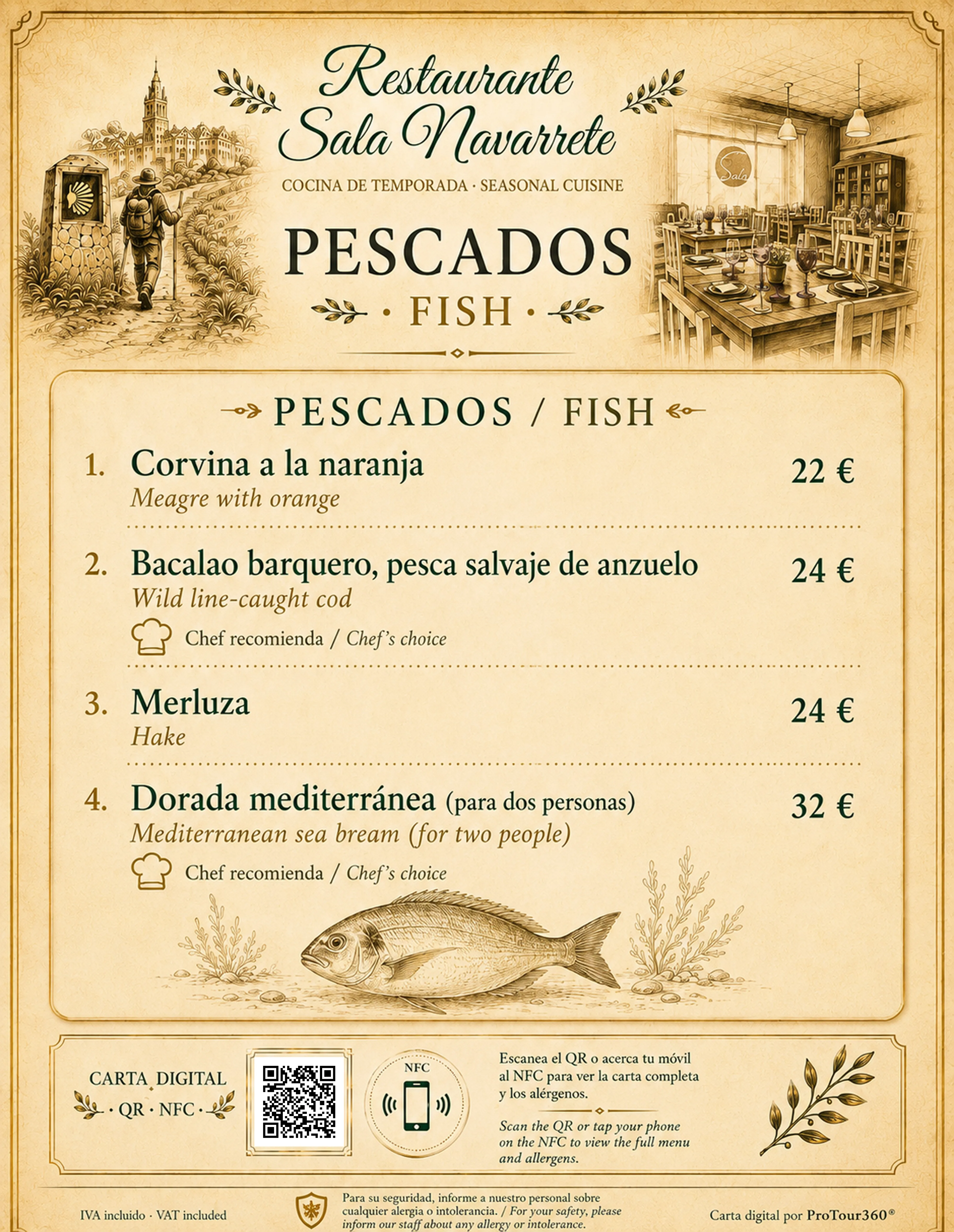 Carta de pescados Restaurante Sala Navarrete diseñada por ProTour360