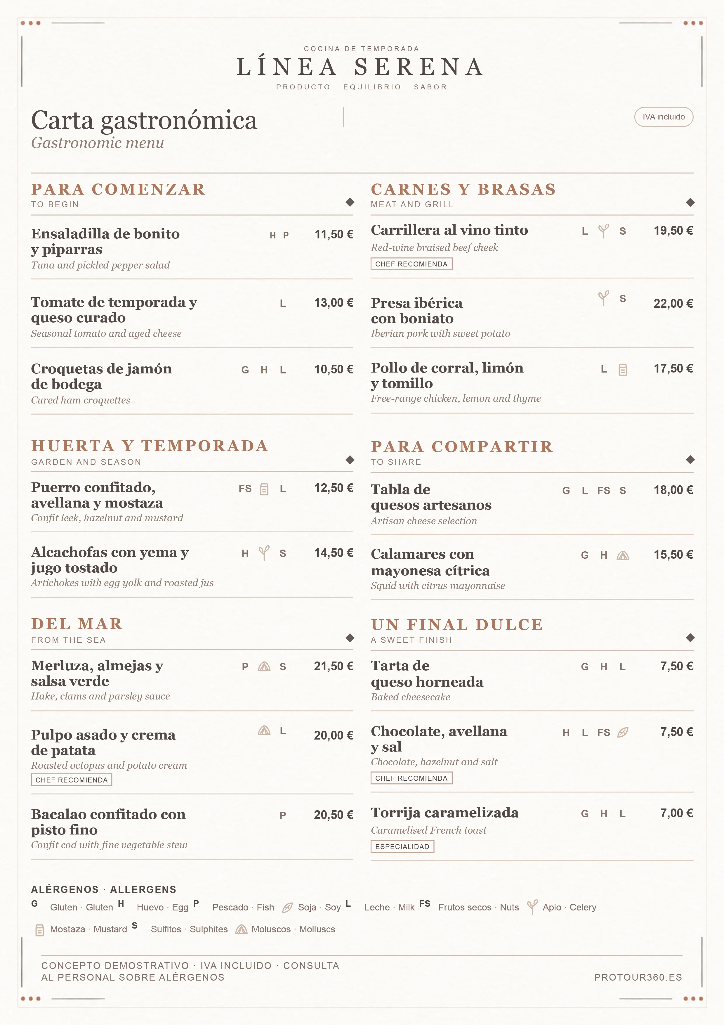 Carta A4 extensa bilingüe en español e inglés organizada en dos columnas por ProTour360