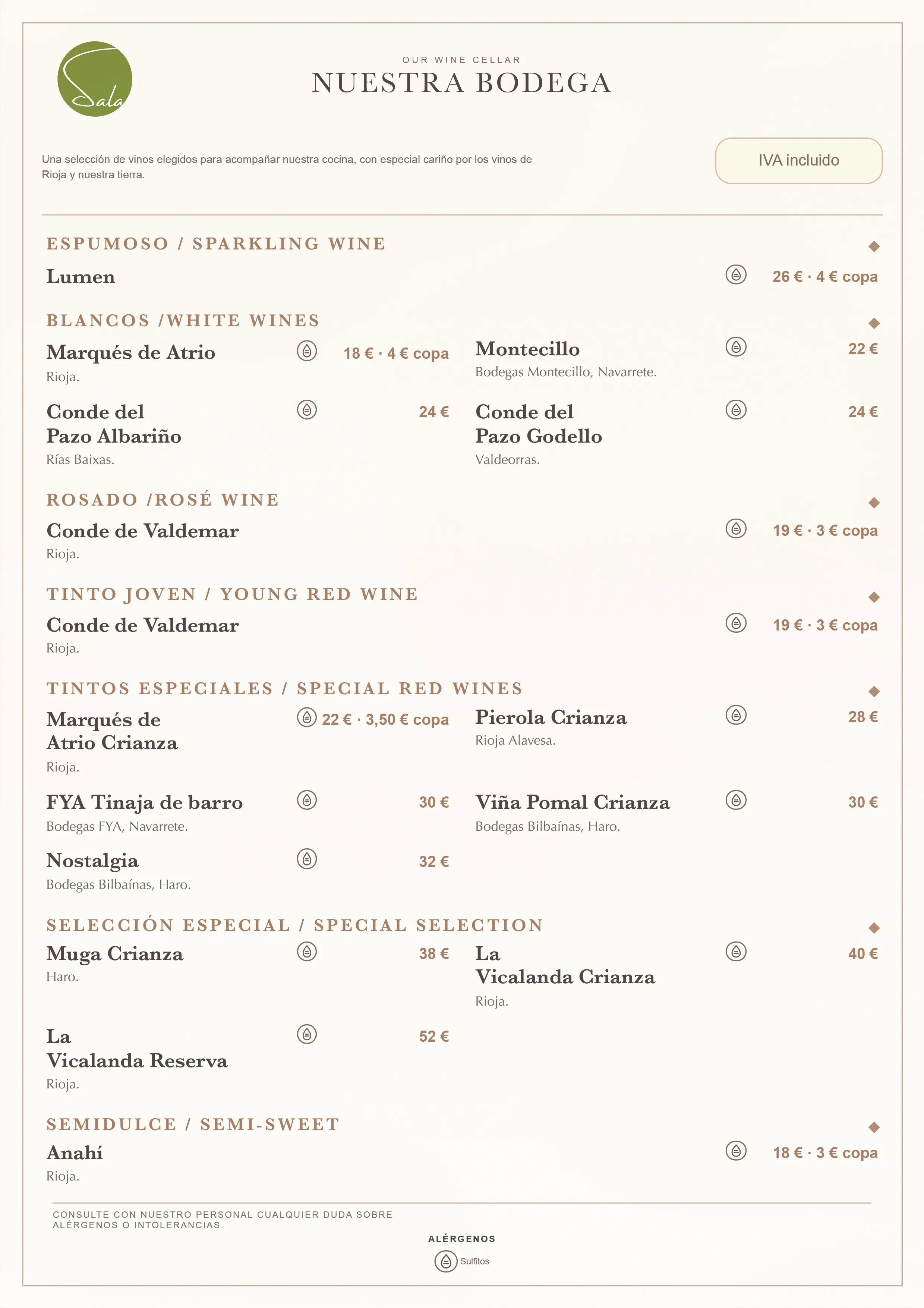 Carta de vinos Restaurante Sala Navarrete diseñada por ProTour360