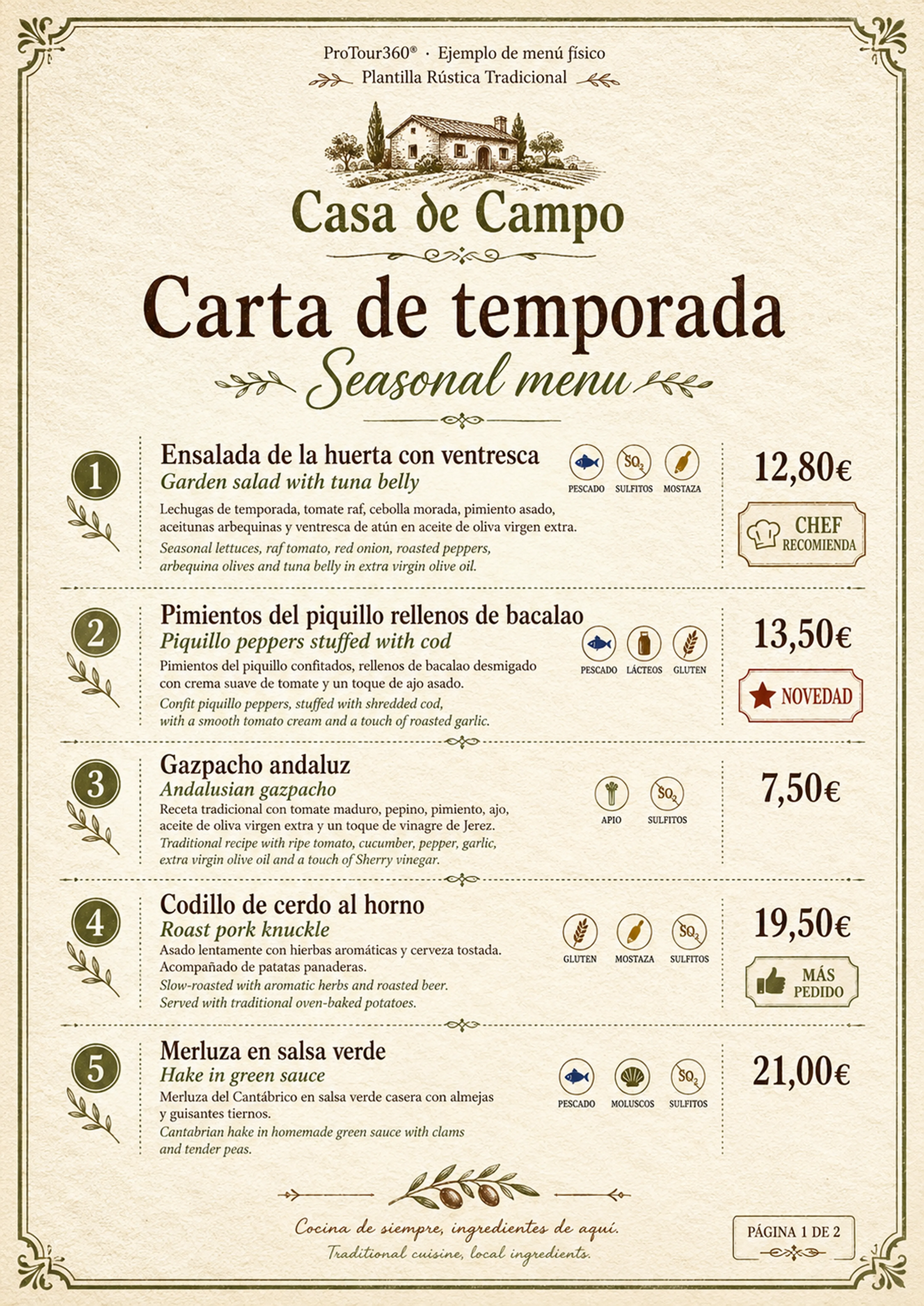 Ejemplo de carta física premium gastronómica para restaurante ProTour360