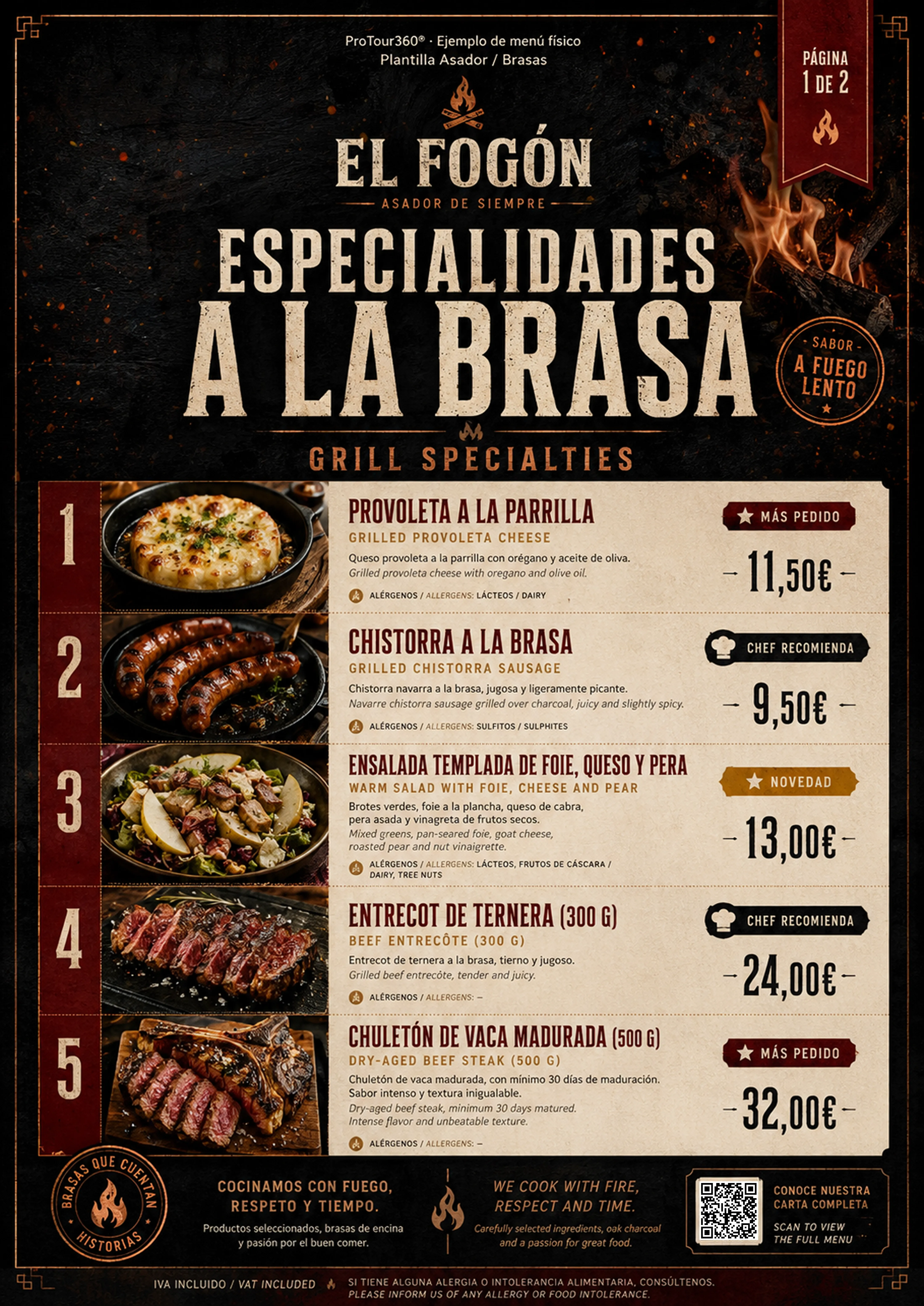 Ejemplo de menú físico para asador y carnes a la brasa ProTour360