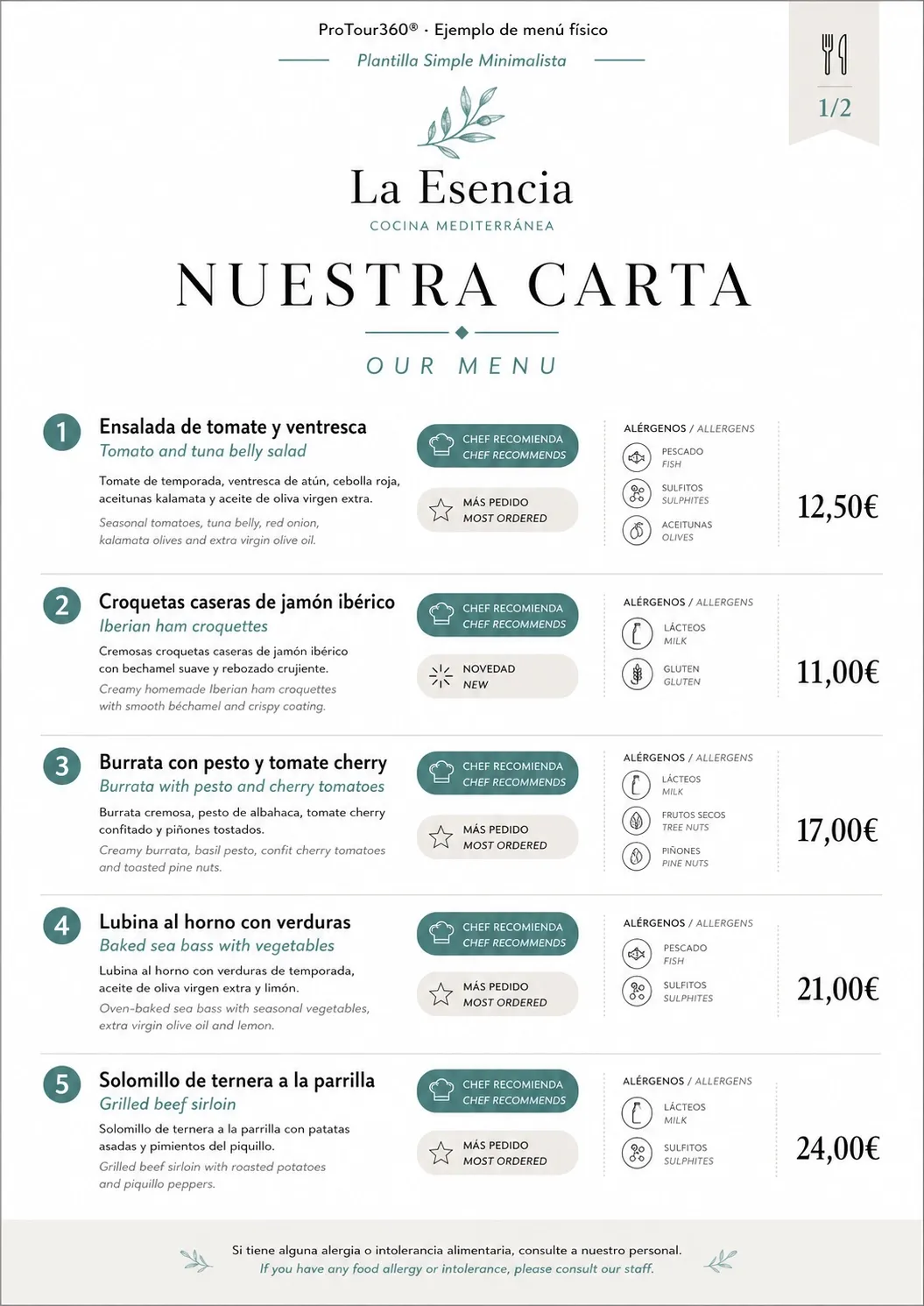 Ejemplo de menú físico minimalista y limpio para restaurante ProTour360