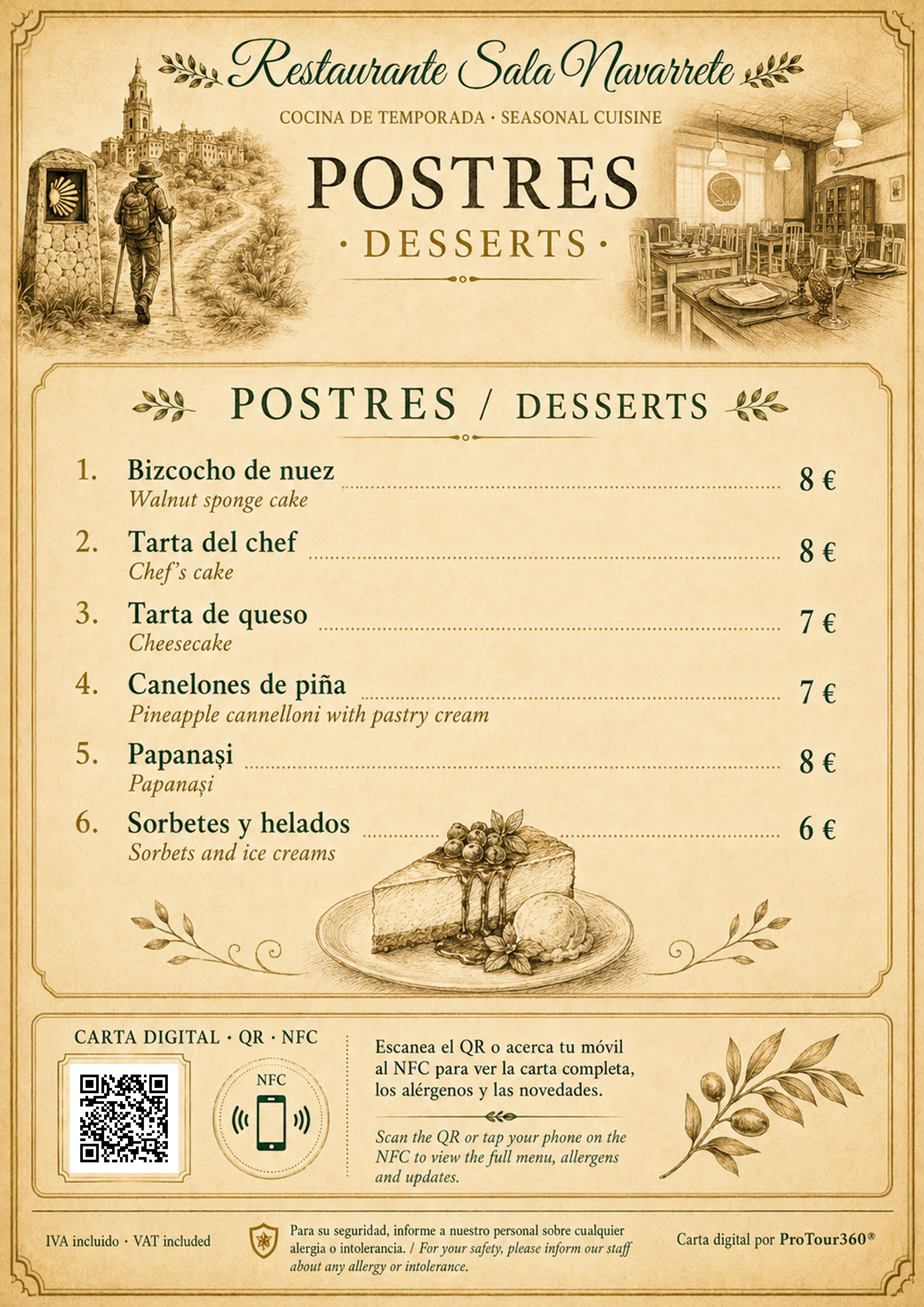 Carta de postres Restaurante Sala Navarrete diseñada por ProTour360
