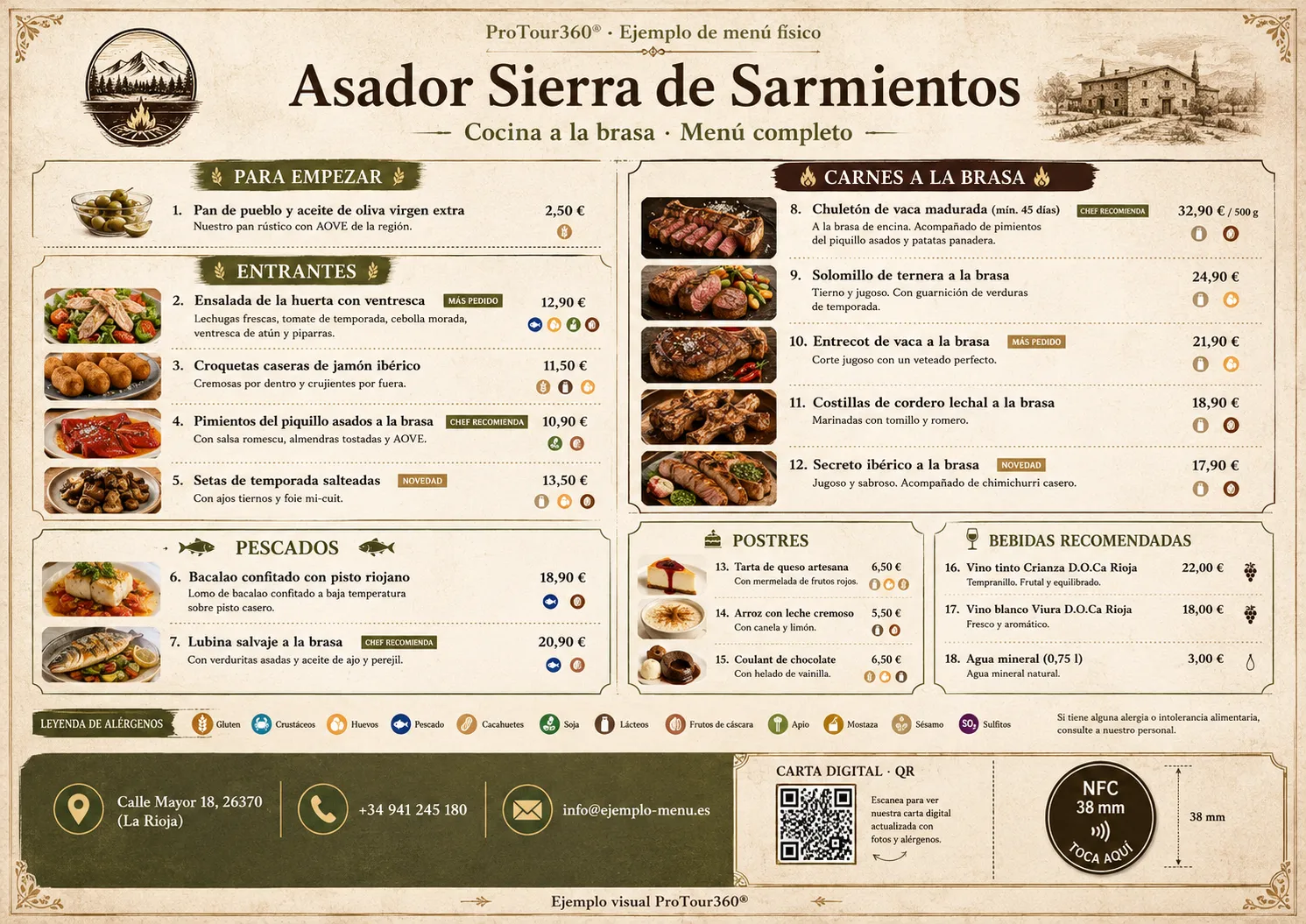 Menú físico A3 horizontal para Asador Sierra de Sarmientos con QR y NFC