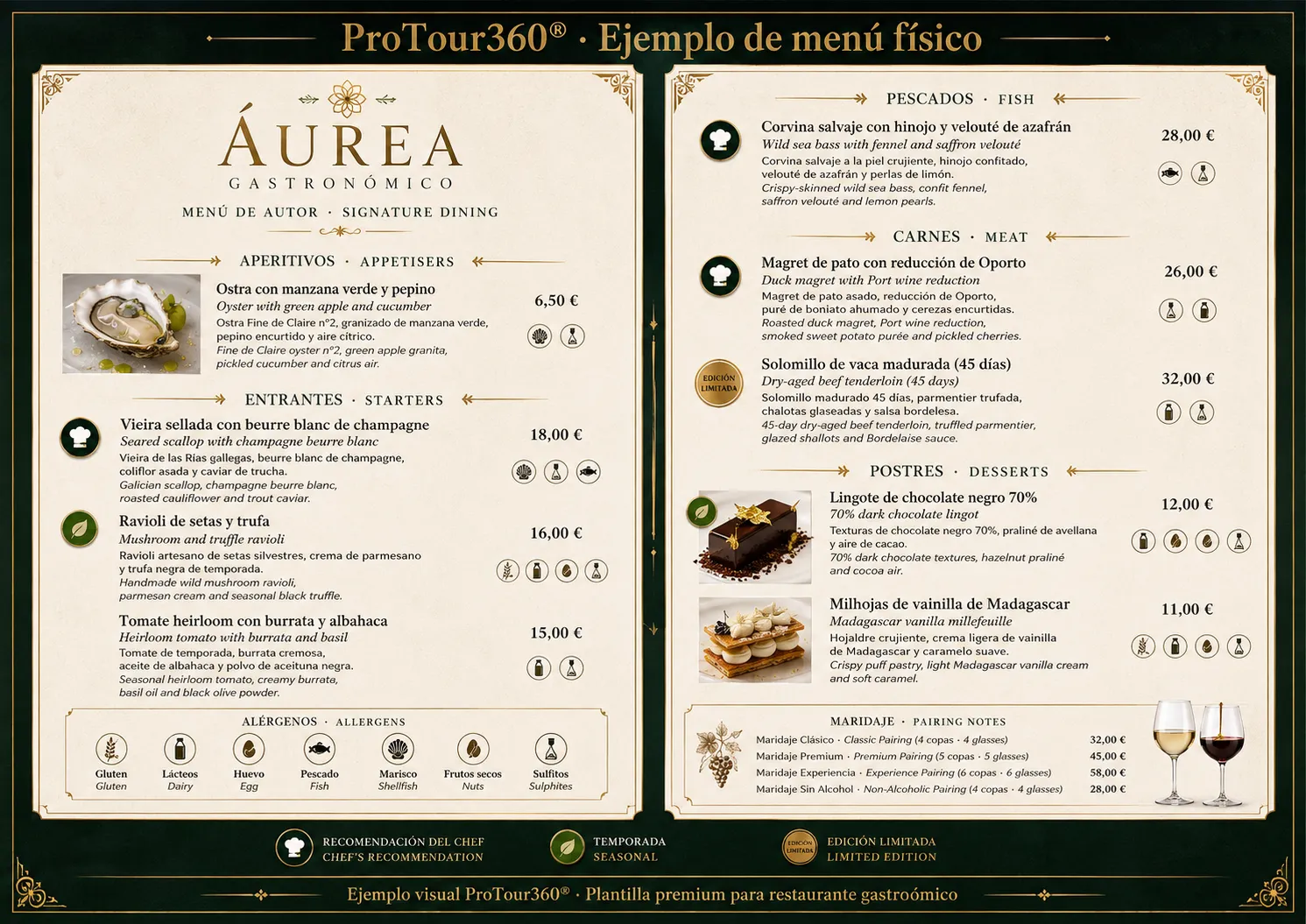 Plantilla premium A3 para Áurea Gastronómico y carta de autor