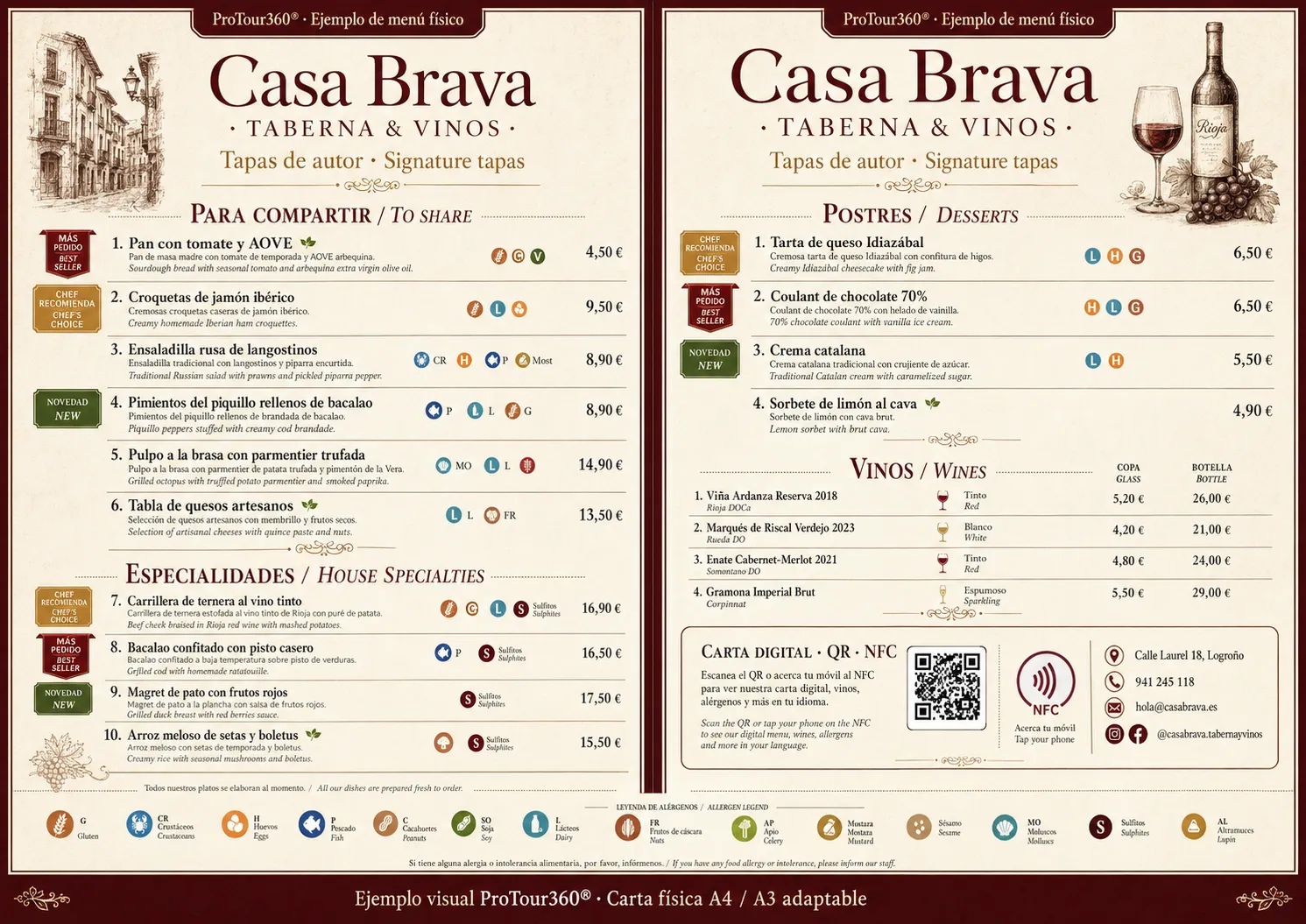 Diseño A3 para Casa Brava Tapas y Vinos con precios y alérgenos
