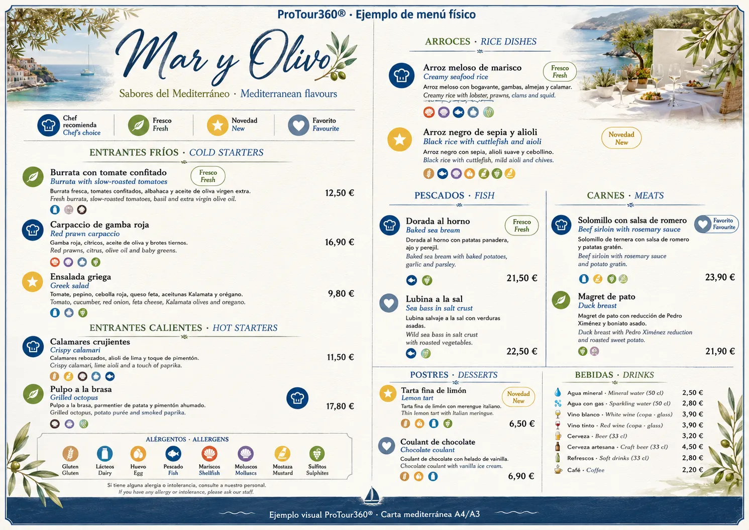 Diseño mediterráneo de menú físico A3 Mar y Olivo con carta bilingüe y QR