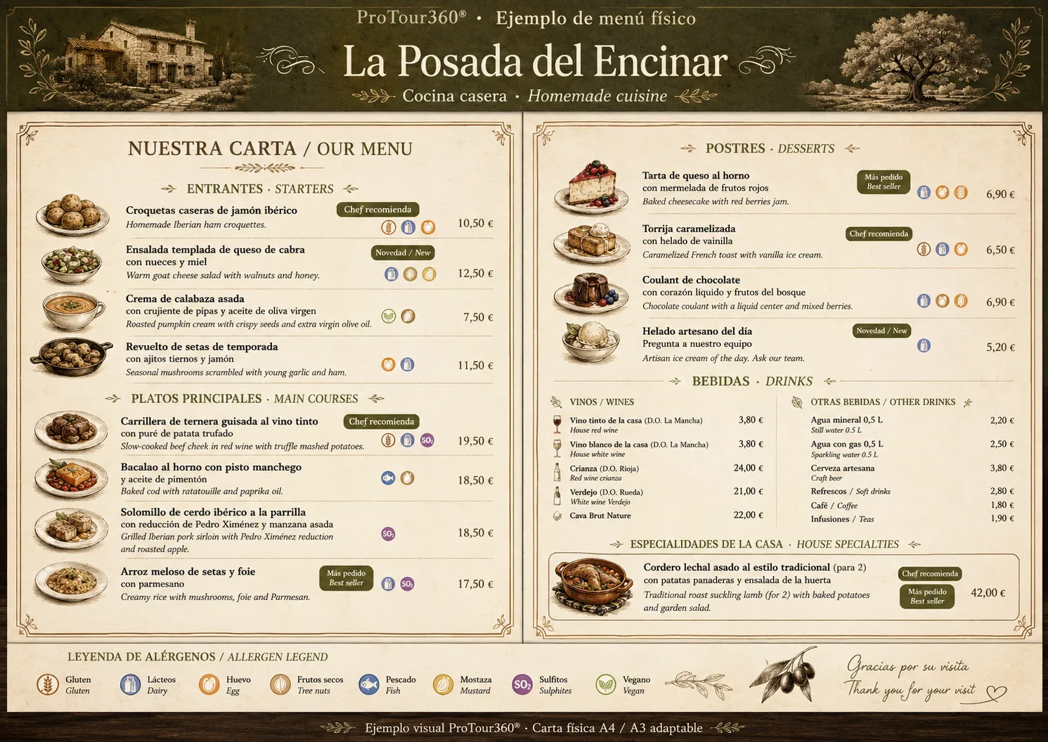 Carta física A3 rústica para La Posada del Roble con menú de temporada